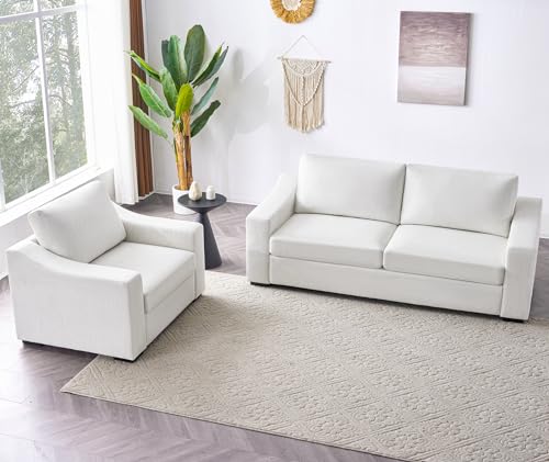 Modular Sectional Couch Set, 47" Oversize Accent Chair and 85" Modern Loveseat Sofa Deep Couch for Apartment, Living Room, Bedroom, Linen, White - color: White, size: 85 Inch - Deep Couch + Single Sofa