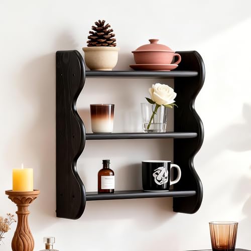 100% Solid Wood Floating Shelf, Vintage Wall Shelves Wall Mounted Storage Rack 3-Tier, Farmhouse Decor Hanging Shelf Display Shelves for Apartment, Living Room and Bedroom - color: Black