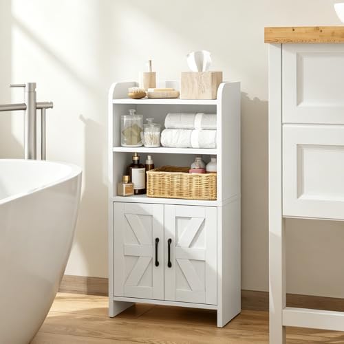 Small Bathroom Storage Cabinet, Farmhouse Freestanding Toilet Paper Storage with 2 Doors and Shelves, Slim Bathroom Storage Cabinet for Small Spaces, White, 7.9" D x 14.2" W x 29.5" H