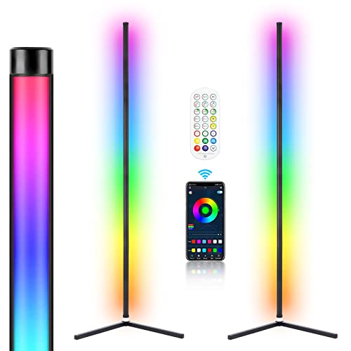 2PCS RGB Corner Floor Lamp, 64.5" RGB Color Changing Led Floor Lamp for Living Room APP and Remote Modern Light Bar with Music Sync and 16 Million Colors Dimmable Ambient Lighting for Bedroom