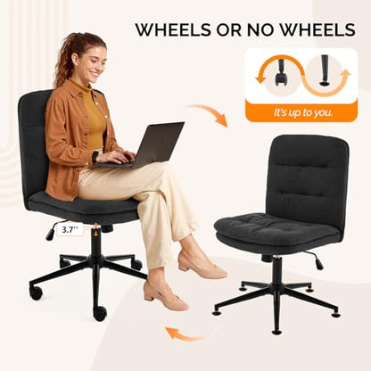VINGLI Mid Back Armless Office Desk Chair with Wheels/no Wheels,360°Rocking Swivel Vanity Chair with Thickened Cushion,Adjustable Height Rolling for Reading Room, Make up, Linen Black - color: Black