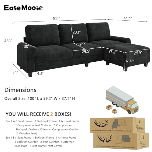 EASE MOOSE 100" Chenille L-Shaped Sectional Sofa with Ottoman, Dark Gray | Deep Seat, Pet-friendly, Removable Washable Cover, Pocket Spring Cushion, Easy Clean, Easy Assembly Couches for Living Room - color: Dark Gray, size: 100" L-Shape