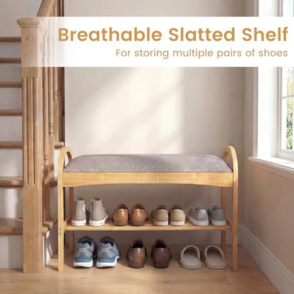 GOFLAME Bamboo Shoe Rack Bench, 2-Tier Entryway Bench with Padded Seat Cushion and Storage Shelf, Shoe Rack Organizer for Hallway, Bedroom, Living Room - style: Without Storage