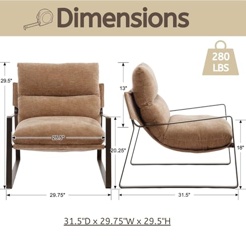 LukeAlon Modern Chenille Accent Armchair, Khaki | Chenille Upholstered Living Room Chair With Brass Frame & Thickened Cushion, Comfy Single Lounge Sofa for Bedroom, Office - color: Khaki