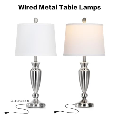 Rinweey Metal Table Lamps Set of 2, 3 Way Touch Control Silver Bedside Lamps with USB A+C Ports, Modern Brushed Nickel Nightstand Lamps for Bedroom Living Room - color: Silver-27"H