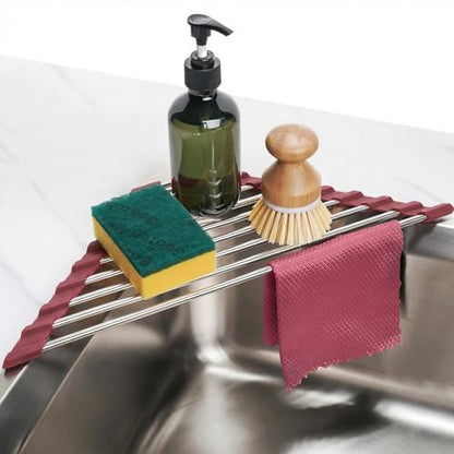 Tomorotec Triangle Roll Up Dish Drying Rack 304 Stainless Steel Wine Red | BPA-Free Food-Grade Silicone Edges Foldable Waterproof Rustproof Heavy-Duty Space Saver Heat Resistant to 550°F - color: Wine Red