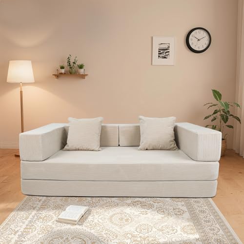 5-in-1 Futon Sofa Bed Queen Floor Convertible Couch Foldable Lounge White | Multi-Position Convertible Lounge Couch for Guest Room & Apartment, Removable Washable Cover, Space Saving - color: Beige