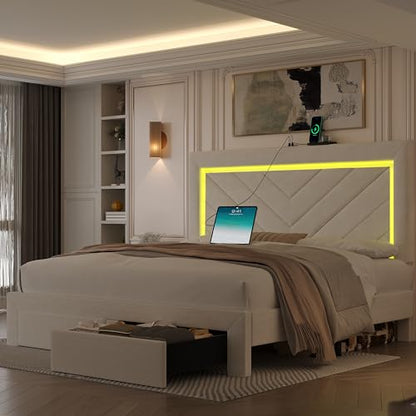 Full Size Bed Frame with Adjustable Headboard and Storage Drawer, Upholstered Bed Frame Full with RGB LED Lights and Charging Station, Easy Assembly, No Box Spring Needed, Off White - color: Off White, size: Full