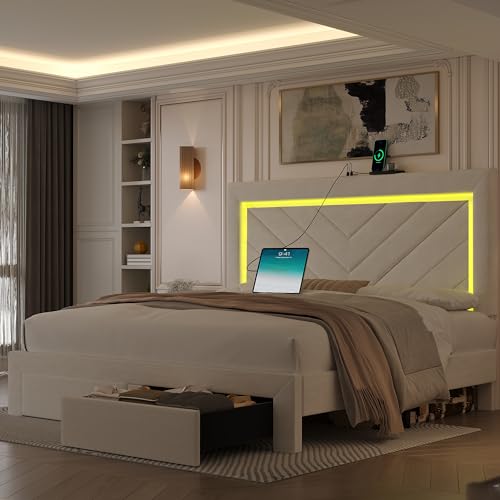 Queen Size Bed Frame with Adjustable Headboard and Storage Drawer, Upholstered Bed Frame Queen with RGB LED Lights and Charging Station, Easy Assembly, No Box Spring Needed, Off White - color: Off White, size: Queen