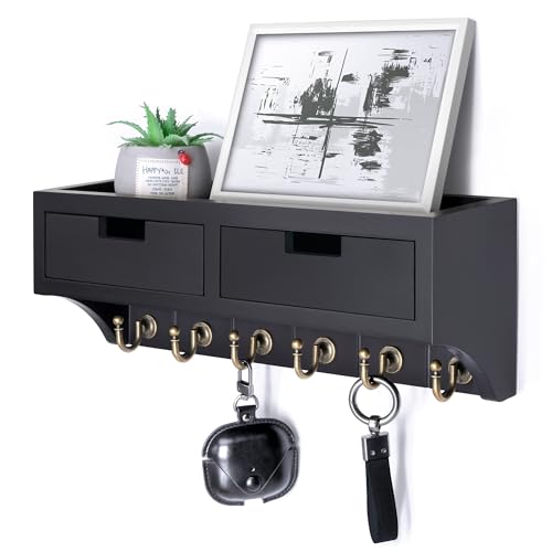 Rebee Vision Key Holder Wall Mount with 2 Drawers for Home Decor, Black | Key Holder for Wall, Mail Organizer, 6 Key Hooks, Shelf, Plant Display, Drawer Organizer, key Hanger Apartment Aesthetic - color: Black, style: 2-Drawer