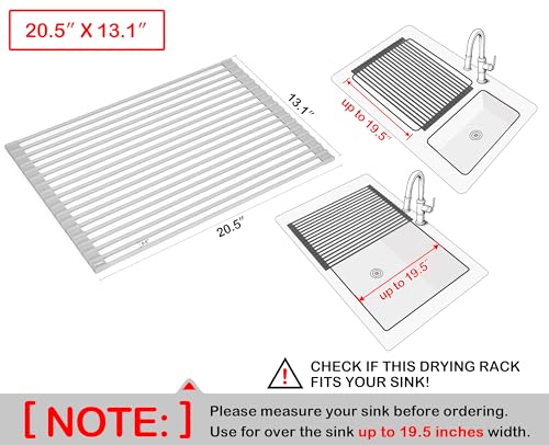20.5 x 13.1 Inch Roll-Up Dish Drying Rack, Fits Across Sink Openings up to 19.5 Inches, Heavy-Duty Premium Silicone, Strong Support, Non-Slip, Heat-Resistant, Warm Gray - size: 20.5" x 13.1"