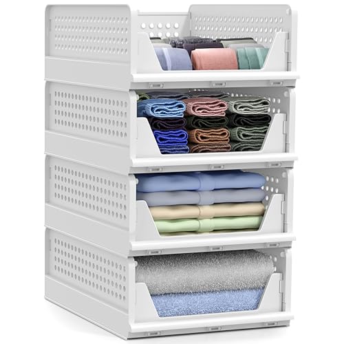 Sorbus 4 Pack Folding Closet Shelf Organizer for Clothes, Versatile Stackable Storage Baskets for Closet, Bathroom, Kitchen and Garage with Easy Access Open Front Design, Plastic Organizer Shelves - size: 4 Small