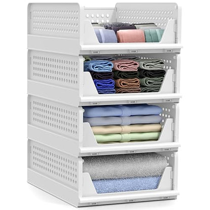 Sorbus 4 Pack Folding Closet Shelf Organizer for Clothes, Versatile Stackable Storage Baskets for Closet, Bathroom, Kitchen and Garage with Easy Access Open Front Design, Plastic Organizer Shelves - size: 4 Small