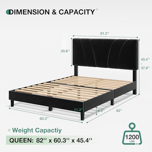 Novilla Queen Bed Frame, Queen Size Bed Frame with Wooden Slats Support, Velvet Upholstered Headboard, No Box Spring Needed, Heavy Duty Feet, Easy Assembly, Black Velvet - color: Black Velvet, size: Queen