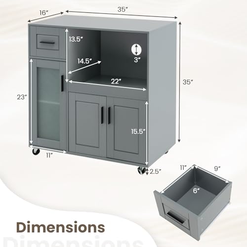 Giantex Kitchen Island Cart with Storage, Rolling Island Table with Drawer, Glass Door, Adjustable Shelf, Bar Coffee Microwave Cart On Wheels for Dining Room, Grey