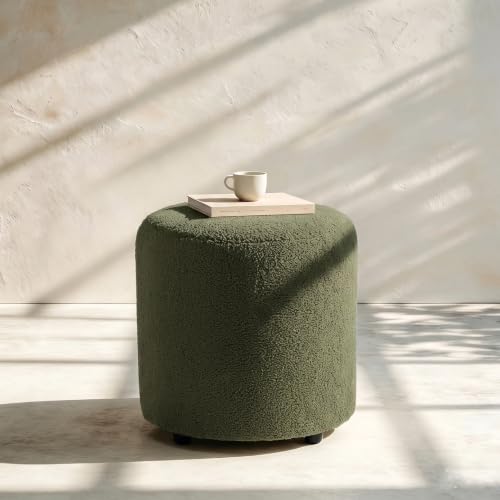 Modern Round Vanity Stool, Small Ottoman, Cute Fabric Foot Stool, Teddy Fleece Footrest, Upholstered Vanity Chair, Stool for Makeup, Bedroom, Living Room (2, Round-Dark Green) - color: Round-dark Green