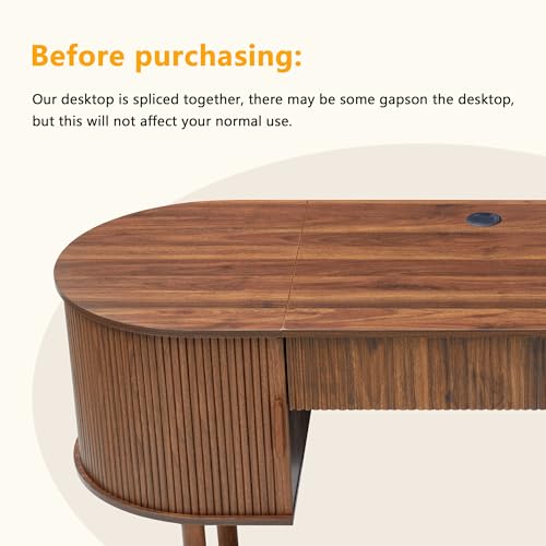Home Office Oval Desk with Sliding Tambour Door and Drawer, Modern Fluted Wood Executive Computer Storage Desk for Study, Living Room, Bedroom, Office - Walnut - color: Walnut