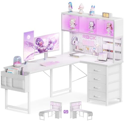 AODK 53" L Shaped Gaming Desk with Pegboard, Hutch & 4 Drawers, White - color: White