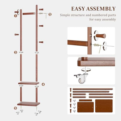 Small Clothes Rack Solid Wood Coat Rack Freestanding with Wheels | Space Saving, Stable 5 Hooks 2 Shelves Coat Tree, Silent 360 Degree Wheels, Heavy Duty 150 lb Capacity for Entryway Bedroom - color: Walnut Brown, size: S: 15.7" x W: 11.8" x H: 70" (With