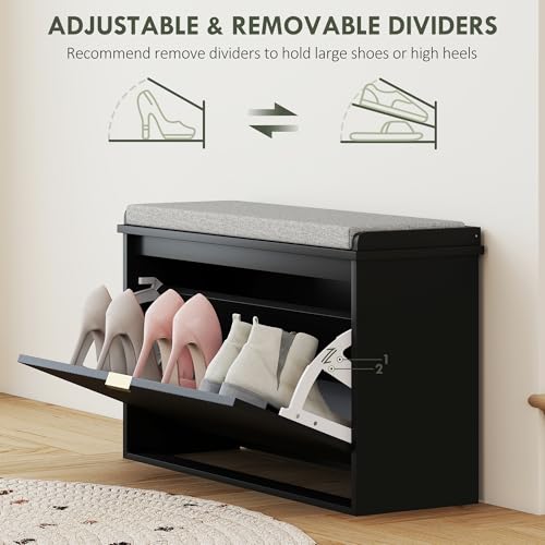 HOMCOM Narrow Shoe Bench with Padded Cushion 31.5x10.2x18.7 Inches Black | Shoe Storage Cabinet, Flip-Drawer, Adjustable Shelf, Small Entryway Bench, Holds up to 265lb - color: Black, size: 31.5" x 10.2" x 18.7"