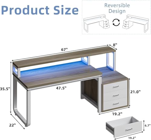 MaverickFurni 67" Home Office Desk with 3 Drawers and LED Lights, Walnut | Reversible Computer Desk with Monitor Stand and Printer Shelf, Office Desk with Spacious Work Space, White and Walnut - color: White and Walnut