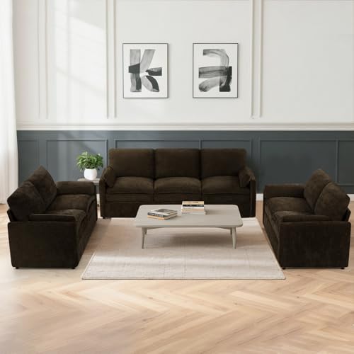 3 Pieces Chenille Sofa Set w/Two Arm Pillows, Brown | Upholstered 2 Pieces Loveseat & 3-Seater Sofa w/Soft Cushions, Modern 2-Seat & 3-Seat w/High-Density Foam for Living Room - color: Brown, size: 69" & 69" & 89" Sofa Set