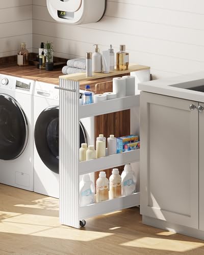 Slim Storage Cart with Wheels, 5.5" Narrow 4-Tier Rolling Cart, Multi-Purpose Utility Cart for Kitchen, Bathroom, Laundry Room, Living Room, White and Natural MTC02WN