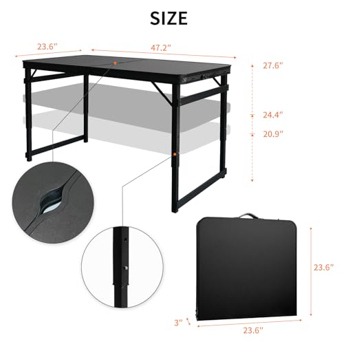 Folding Camping Table, Black Aluminum Frame,3-Position Adjustable Height,Lightweight Carry Handle, Portable for Travel, Camping Outdoor Use, 4FT x 2FT with Hole(Large), Black - size: 4 ft × 2 ft × 2.3 ft H, with Umbrella Hole