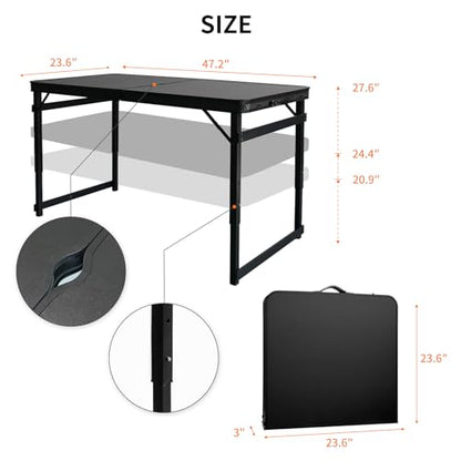 Folding Camping Table, Black Aluminum Frame,3-Position Adjustable Height,Lightweight Carry Handle, Portable for Travel, Camping Outdoor Use, 4FT x 2FT with Hole(Large), Black - size: 4 ft × 2 ft × 2.3 ft H, with Umbrella Hole