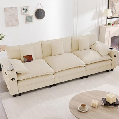 KCGKCG 116" 3-Seater Cloud Sofa, Modular Sectional Couch, Chenille Deep Seat Cloud Couch with Charging Station, Cup Holder, Side Pocket, Double Layer Seat Cushion Couches for Living Room, Beige - color: Beige, size: 116"- Loveseat
