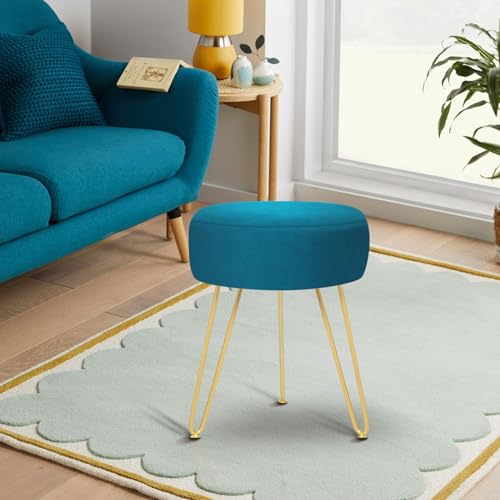 GERANT Multifunctional Vanity Stool - Velvet Footrest Stool-Upholstered Chair Stool -Ottoman Round Modern Dressing Chair - Side Coffee Table Seat with Golden Metal Leg for Living Room (Peacock Blue) - color: Peacock Blue
