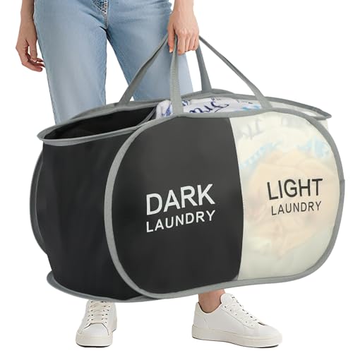 Seefoo Dual Compartment Laundry Hamper with Handles, Collapsible Laundry Baskets 2-Section, Dark/Light Labeled Storage Foldable Clothes Hamper for Laundry, Portable for Small Spaces, Apartment, Dorm