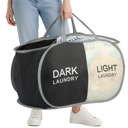 Seefoo Dual Compartment Laundry Hamper with Handles, Collapsible Laundry Baskets 2-Section, Dark/Light Labeled Storage Foldable Clothes Hamper for Laundry, Portable for Small Spaces, Apartment, Dorm