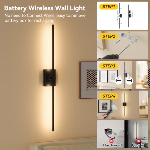 Battery Operated Wall Sconces Set of 2, 10000mAh Wireless Rechargeable 3000-6000K Dimmable 350° Rotate Wall Light with Remote for Living Room, Bedroom 31.6in Black - color: Black, size: 31.6in-Square Base