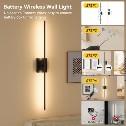 Battery Operated Wall Sconces Set of 2, 10000mAh Wireless Rechargeable 3000-6000K Dimmable 350° Rotate Wall Light with Remote for Living Room, Bedroom 31.6in Black - color: Black, size: 31.6in-Square Base