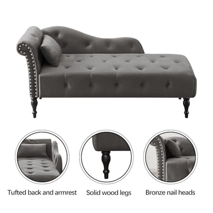 60" Modern Velvet Chaise Lounge Indoor, Upholstered Chair with Left Armrest and Lumbar Pillow, Button Tufted Lounge Sofa for Living Room Bedroom Office, Mini Chaise Longue Sofa (Grey) - color: Grey