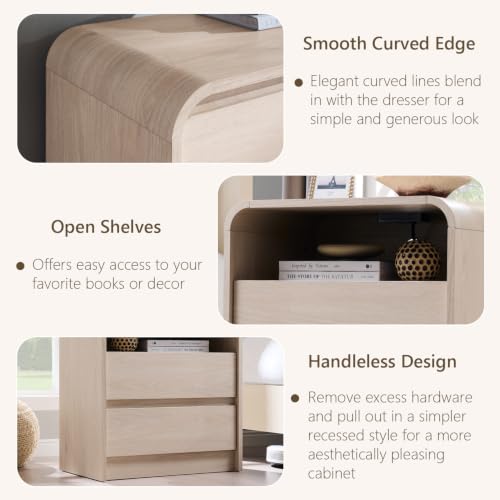 Aitjunz 25" Tall Modern Nightstand with Charging Station, 2 Drawers, Cream | 23.6'' Wide Wood Bedside Table with Curved Profile Design, Large Mid Century End Table for Living Room - color: Cream, size: 1 Piece