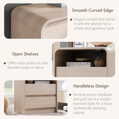 Aitjunz 25" Tall Modern Nightstand with Charging Station, 2 Drawers, Cream | 23.6'' Wide Wood Bedside Table with Curved Profile Design, Large Mid Century End Table for Living Room - color: Cream, size: 1 Piece