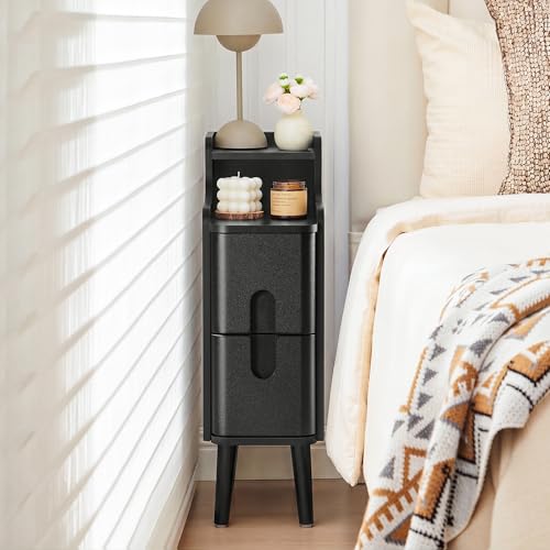 Black Narrow Nightstand, Wood 2 Drawer Small Nightstand, Slim Side Table, Modern Skinny End Bedside Table, Wood Night Stand with Drawers for Bedroom (Black-1 pc) - color: Black-1 Pc