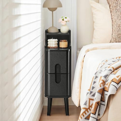 Black Narrow Nightstand, Wood 2 Drawer Small Nightstand, Slim Side Table, Modern Skinny End Bedside Table, Wood Night Stand with Drawers for Bedroom (Black-1 pc) - color: Black-1 Pc