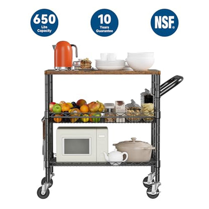3 Tier Rolling Carts with Wheels, Heavy Duty Rolling Utility Cart with Wood Tabletop, Commercial Grade Metal Cart with Handle and Hooks, NSF Storage Serving Carts for Kitchen Island, Wood+Metal - color: Wood+metal-3 Tier