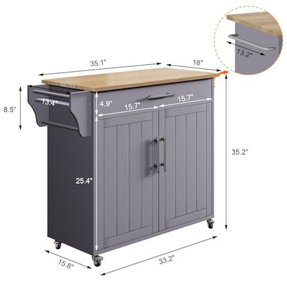 Kitchen Island, Island Table for Kitchen, Wooden Rolling Kitchen Island On Wheels with Countertop, Mobile Kitchen Island Cart with Towel Rack, Spice Rack and Drawers, Grey - color: Grey