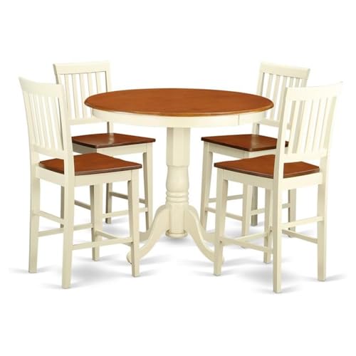 East West Furniture JAVN5-WHI-W 5 Piece Counter Height Dining Set Includes a Round Dining Table with Pedestal and 4 Kitchen Chairs, 36x36 Inch, Buttermilk & Cherry - color: Javn5-whi-w
