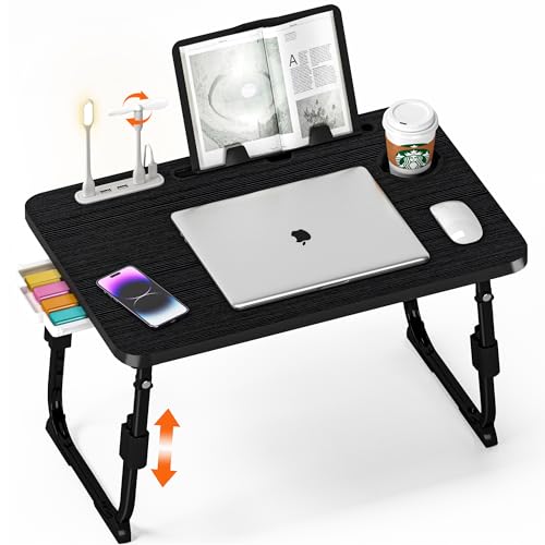 Lap Desk for Bed Adjustable Height with USB Port 23.6" x15.7" Desktop | Storage Drawer, Bookshelf, Fits 17" Laptop, For couch WFH Study, Foldable Non-Slip No Assembly Sturdy Lightweight Black - color: Black