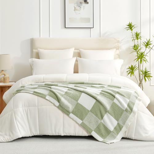 Snuggle Sac Checkered Blanket, Sage Green Throw Blanket for Couch Plaid Microfiber Fluffy Warm Cozy Fuzzy Soft Throw Blanket Reversible Checker Blankets for Sofa, Chair, Bed, 60x80 inches - color: Checker Sage Green, size: Twin(60"x80")