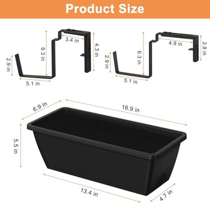 ETELI Railing Planter Hanging Planter Box with Brackets Set 6, Black | Adjustable with Drainage Holes for Deck Garden Window Fence - color: All Black