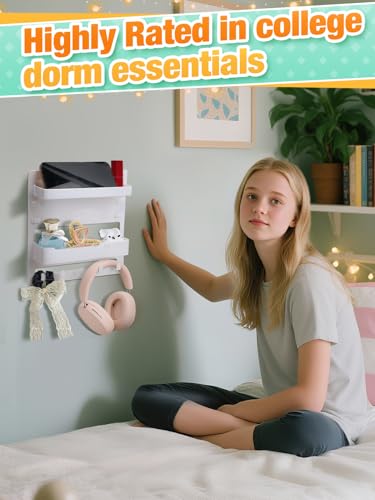 Bedside Wall Organizer Shelf Storage with Cable Clips, Dorm Room Must Haves | No Drill, Bed Floating Nightstand, Remote Control Holder, Key Holder, Preppy Collage Dorm Room Decor Essentials