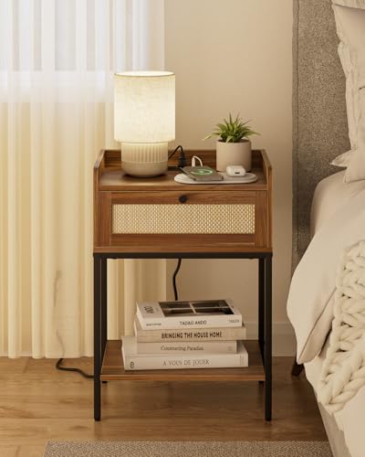 Masupu Nightstand with Charging Station, Modern Bedside Table Night Stand with Storage Drawer and Shelf,Small End Side Table for Bedroom,Living Room,Walnut Brown - color: Outlet-walnut