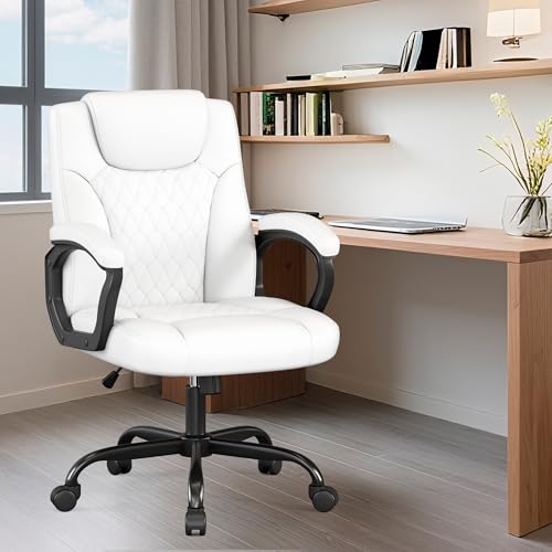 Misolant Office Chair, Executive Desk Chair, PU Leather Comfortable Ergonomic Chairs with Fixed Armrest, Adjustable Height, Rocking Function, 360° Swivel Wheels, White - color: White
