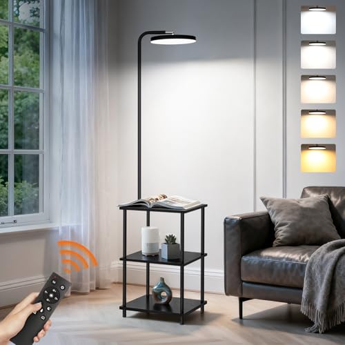 LED Floor Lamp with Table, 25W/3000LM Super Bright Floor Lamp with Remote | End Table with Lamp for Living Room with 350° Rotating Head, Stepless Dimmable, Side Tables with Lamp for Bedroom Office